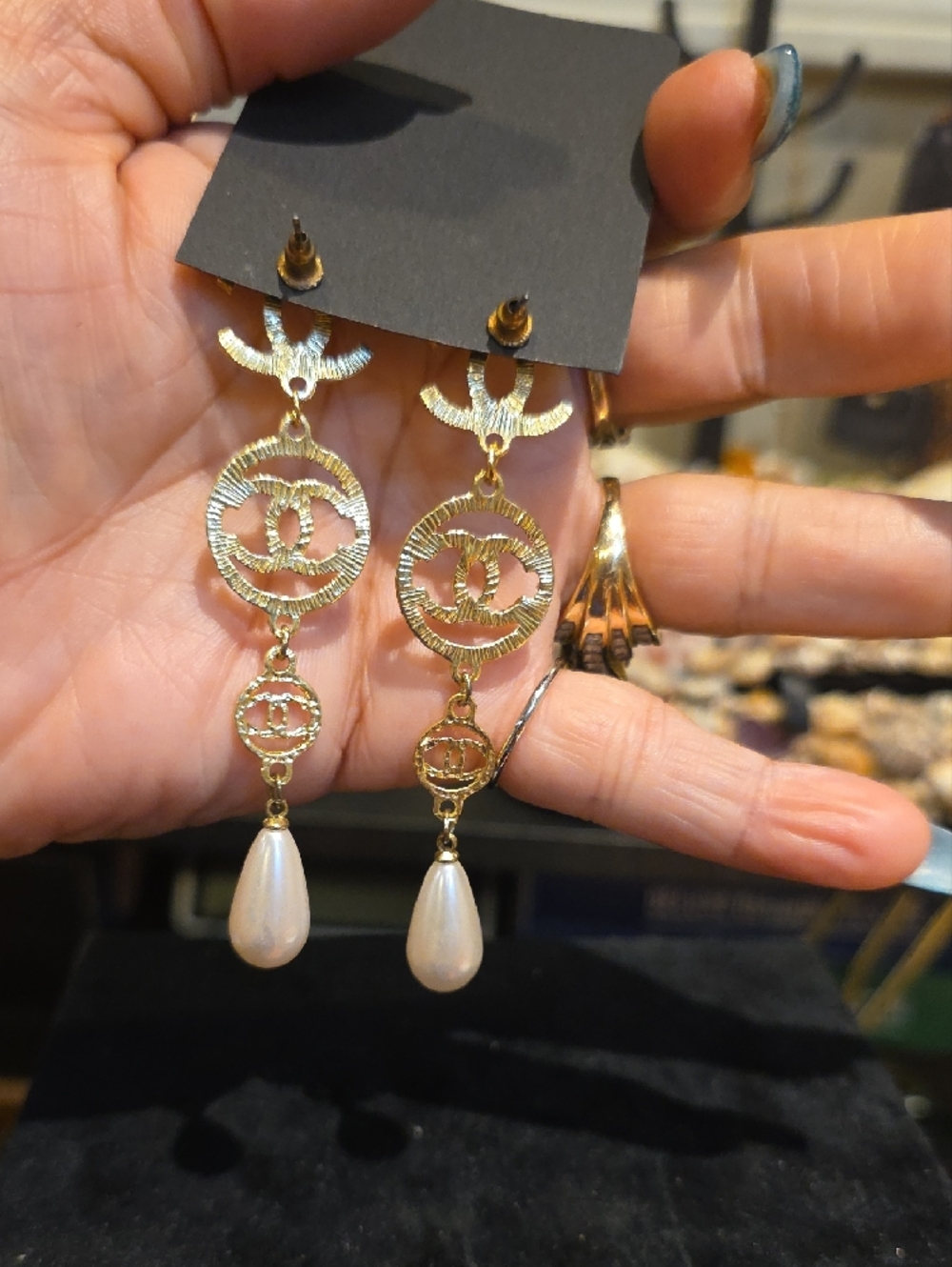 Fashion Jewelry Gold-Tone Pearl Drop Double CC Dangle Earrings - Picture 3 of 4